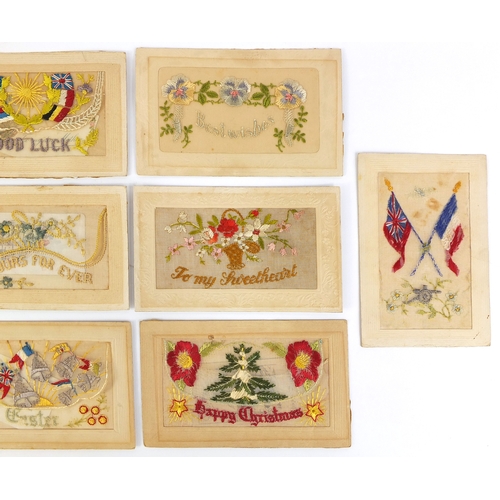 203 - Collection of ten Military interest silk embroidered sweetheart postcards, including Good Luck and B... 