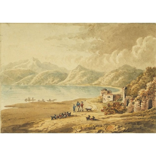 1041 - Continental pencil and watercolour, figures on the coast, inscribed to the mount, mounted and framed... 