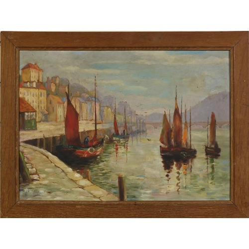 2262 - Oil onto paper, laid onto wood panel, moored fishing boats in a village, bearing an indistinct signa... 