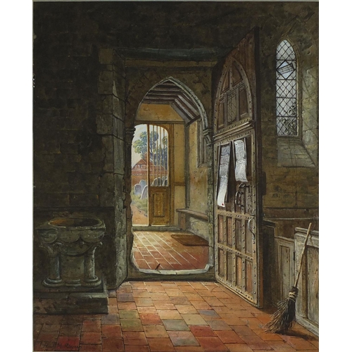 2311 - Rich M Rayner - Well detailed tempera, bird in the doorway doorway of a church, looking out to the g... 