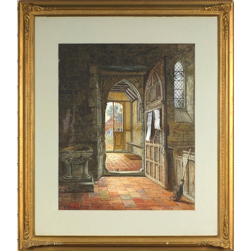 2311 - Rich M Rayner - Well detailed tempera, bird in the doorway doorway of a church, looking out to the g... 