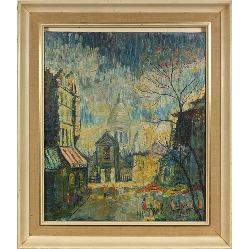 2154 - Oil onto canvas, figures in a Parisian street scene, signed and inscribed verso, mounted and framed,... 