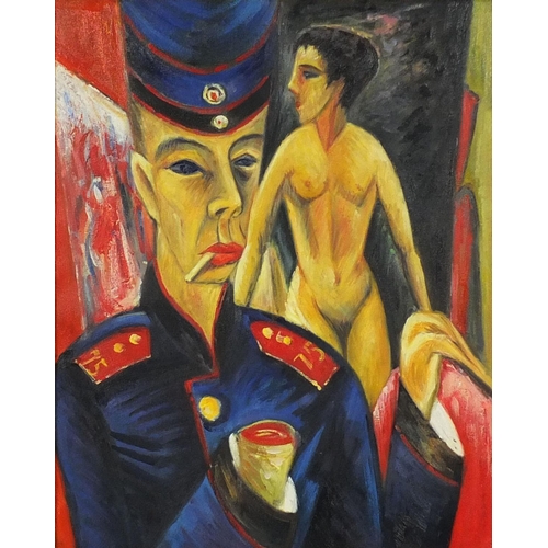 2314 - German impressionist school, oil onto canvas, two surreal figures, gilt framed, 50cm x 40cm excludin... 