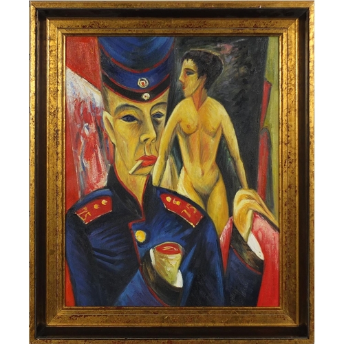 2314 - German impressionist school, oil onto canvas, two surreal figures, gilt framed, 50cm x 40cm excludin... 