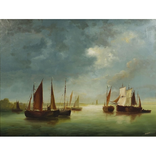 2110 - Oil onto canvas, harbour scene, bearing a signature Wheeler, ornately gilt framed, 70cm x 54cm exclu... 