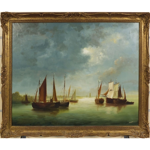 2110 - Oil onto canvas, harbour scene, bearing a signature Wheeler, ornately gilt framed, 70cm x 54cm exclu... 