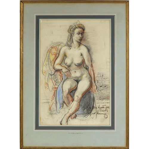 2066 - Charcoal and pastel, seated nude female, bearing indistinct inscription and signature, the mount ins... 