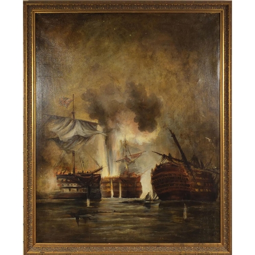 2313 - Large oil onto canvas, Men O'War battleships, gilt framed, 122cm x 97cm excluding the frame