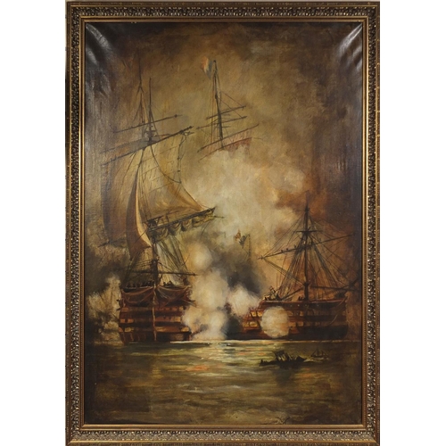 2312 - Large oil onto canvas, Men O'War battleships, gilt framed, 125cm x 100cm excluding the frame