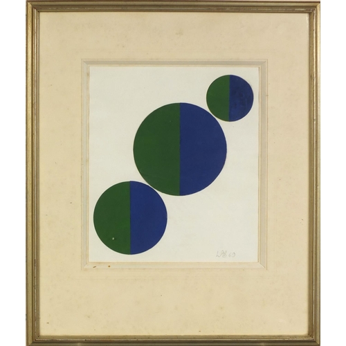 2189 - Gouache and collage abstract composition, three circles, bearing a monogram Las '69, part label vers... 