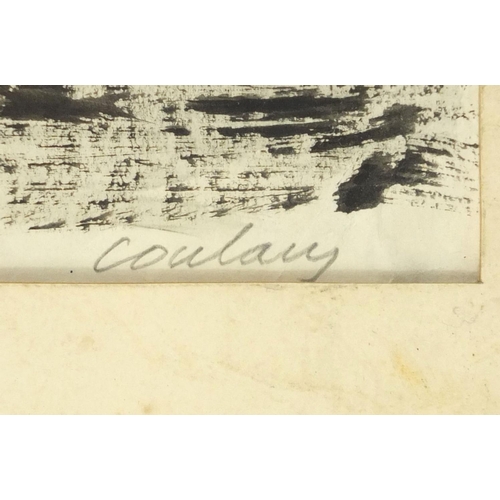 2269 - Oil onto paper, abstract composition, black lines, bearing a signature Coularge, inscriptions verso,... 