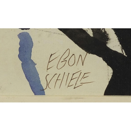 2190 - Watercolour onto paper, girl smoking a cigarette, bearing a signature Egon Schiele, mounted and fram... 