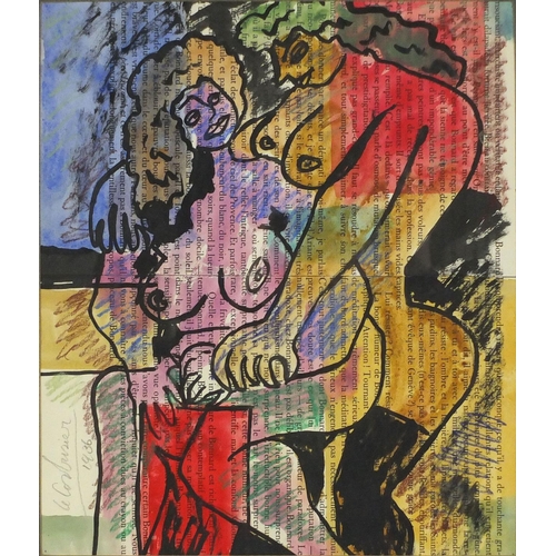 2258 - Watercolour onto French newspaper, abstract composition, two nude surreal females, bearing a signatu... 