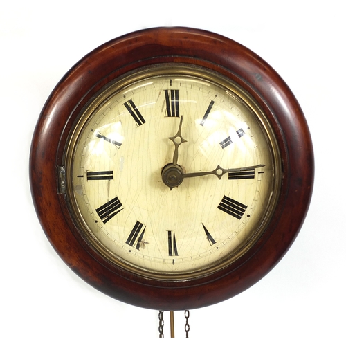 740 - Victorian mahogany dial clock with Roman numerals, 28cm in diameter