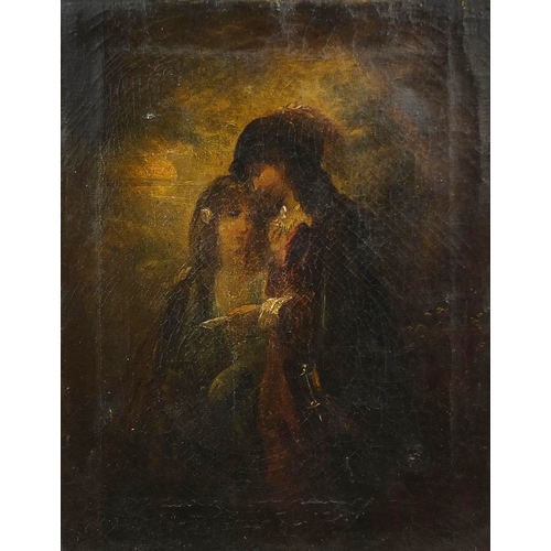 952 - 19th century oil onto canvas, lovers in a cave, ornately gilt framed, 30cm x 23cm excluding the moun... 