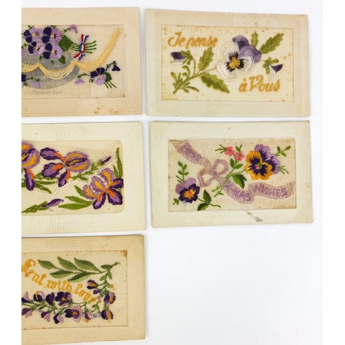 207 - Group of seven Military interest silk embroidered sweetheart postcards, including French and Christm... 