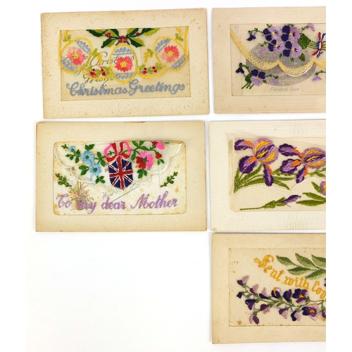 207 - Group of seven Military interest silk embroidered sweetheart postcards, including French and Christm... 