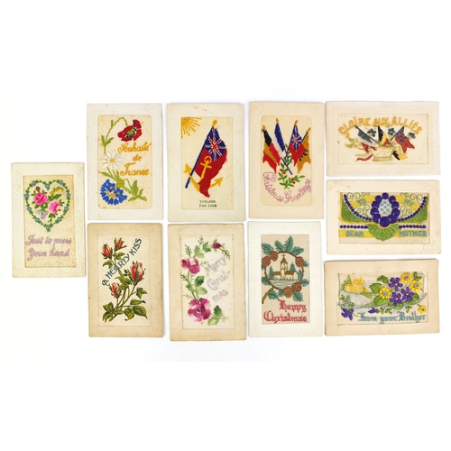 205 - Group of ten Military interest silk embroidered sweetheart postcards including Dear Mother, French a... 