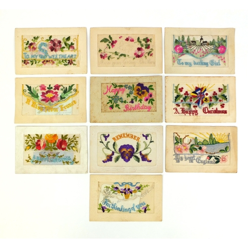 206 - Group of ten Military interest silk embroidered sweetheart postcards including French and Birthday e... 