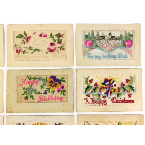 206 - Group of ten Military interest silk embroidered sweetheart postcards including French and Birthday e... 