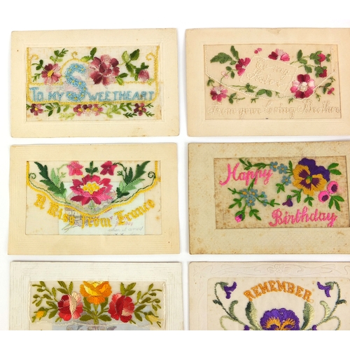 206 - Group of ten Military interest silk embroidered sweetheart postcards including French and Birthday e... 