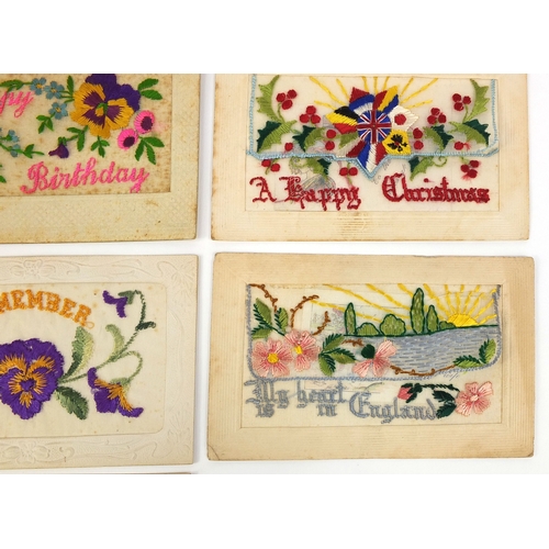 206 - Group of ten Military interest silk embroidered sweetheart postcards including French and Birthday e... 