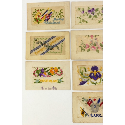 202 - Group of ten Military interest silk embroidered sweetheart postcards including Forget me Not, To My ... 