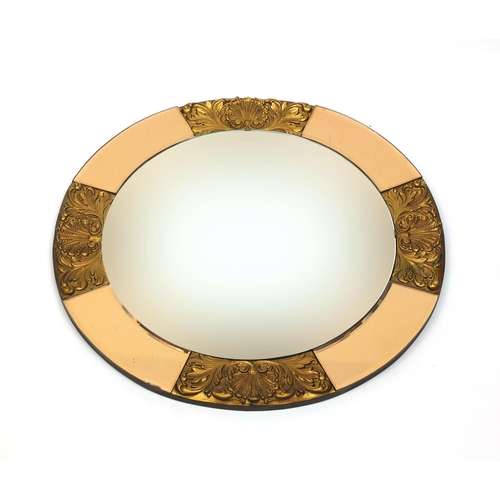 2051 - Art Deco style bevel edged mirror, with bevelled peach glass and shell shaped edges, Mirorbelle plaq... 
