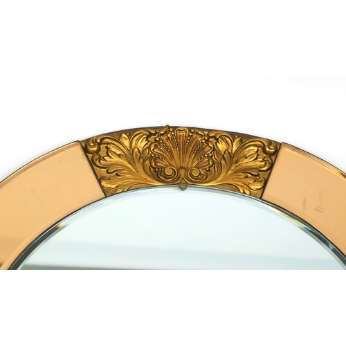 2051 - Art Deco style bevel edged mirror, with bevelled peach glass and shell shaped edges, Mirorbelle plaq... 