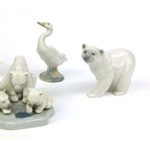 2081 - Group of Lladro including a polar bear group, and three geese, the largest 15cm wide