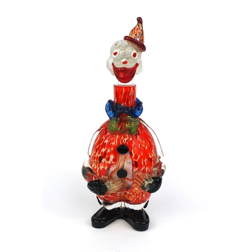 2173 - Murano colourful glass clown decanter with red and orange speckled bobble hat, paper label to the ba... 