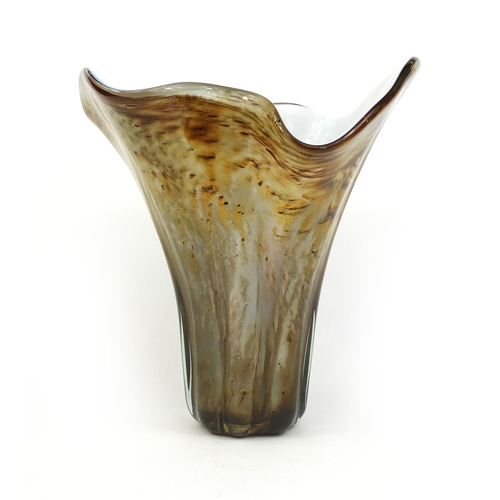 2166 - Large stylised glass vase with speckled decoration and milk glass interior, 34cm high