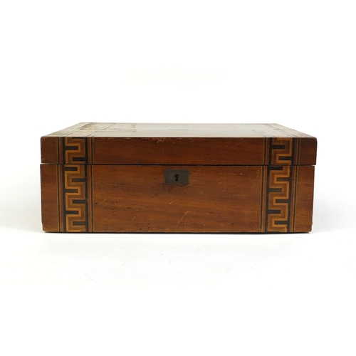 2288 - Walnut writing slope with Tunbridge style Greek key inlay, fitted with two glass brass topped bottle... 