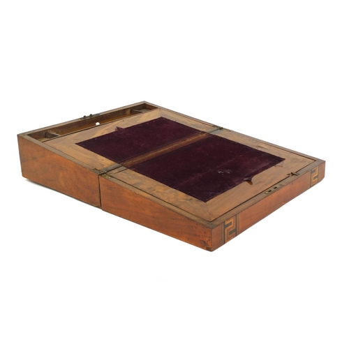 2288 - Walnut writing slope with Tunbridge style Greek key inlay, fitted with two glass brass topped bottle... 