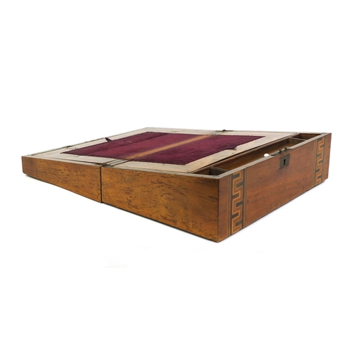 2288 - Walnut writing slope with Tunbridge style Greek key inlay, fitted with two glass brass topped bottle... 