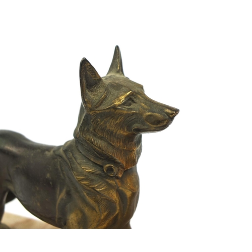 2238 - Art Deco style table lamp, modelled as an Alsatian looking at a mottled pink globe on a marble style... 