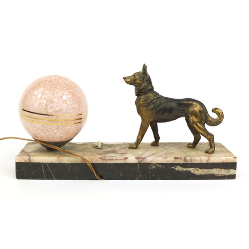 2238 - Art Deco style table lamp, modelled as an Alsatian looking at a mottled pink globe on a marble style... 