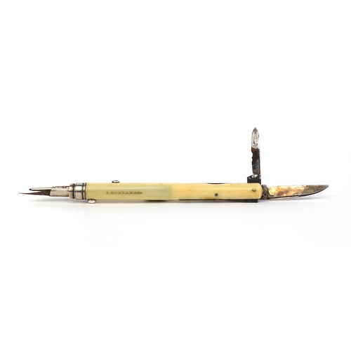 81 - S Mordan & Co ivory combination propelling pencil, dip pen and folding knives, 10.5cm in length when... 