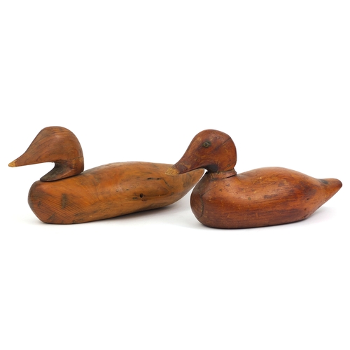 112 - Two carved wooden duck decoys, one impressed Victor to the base, the largest 40cm long
