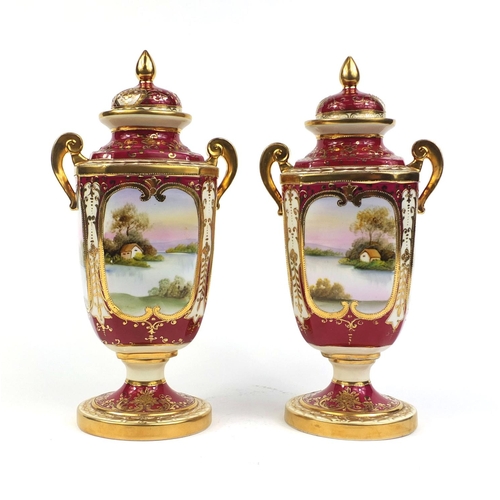 2205A - Pair of Noritake twin handled vases and covers, each hand painted and gilded with landscapes and fol... 