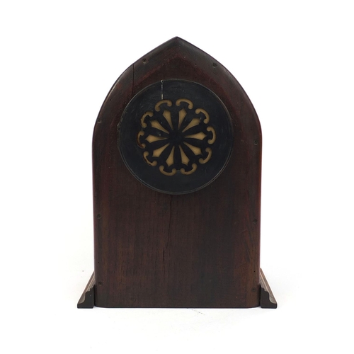 2230 - Edwardian inlaid arch top striking mantle clock with enamelled dial, 32cm high