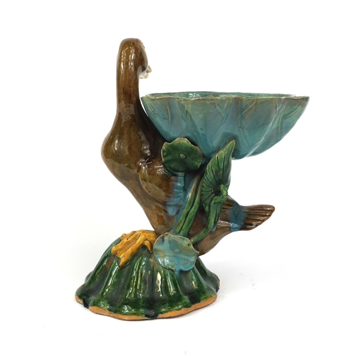 2250 - Majolica pottery duck and lily pad centrepiece, with hand painted decoration, 26cm high