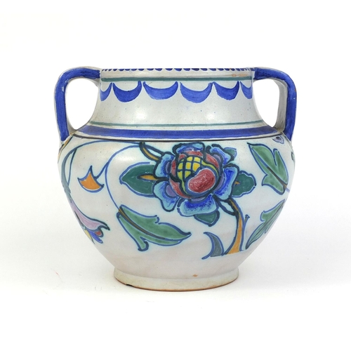 2324 - Honiton pottery twin handled jar, hand painted with stylised flowers, impressed factory marks to the... 