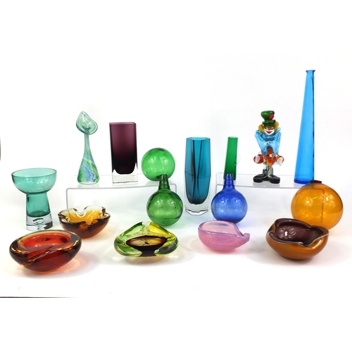 2145 - Collection of colourful glassware including a Murano glass clown, colourful glass dishes and vases, ... 