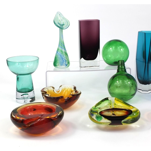 2145 - Collection of colourful glassware including a Murano glass clown, colourful glass dishes and vases, ... 