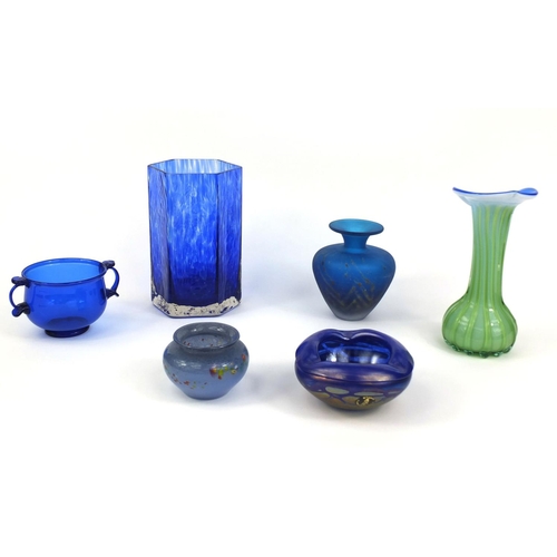 2281 - Group of glassware including a Wedgewood blue glass hexagonal vase, a Mark Taylor twin handled blue ... 