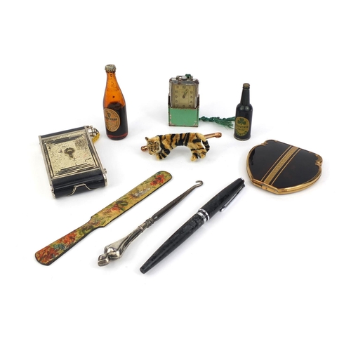 2373 - Group of vintage objects including compacts, Parker fountain pen, silver handled button hook and a n... 