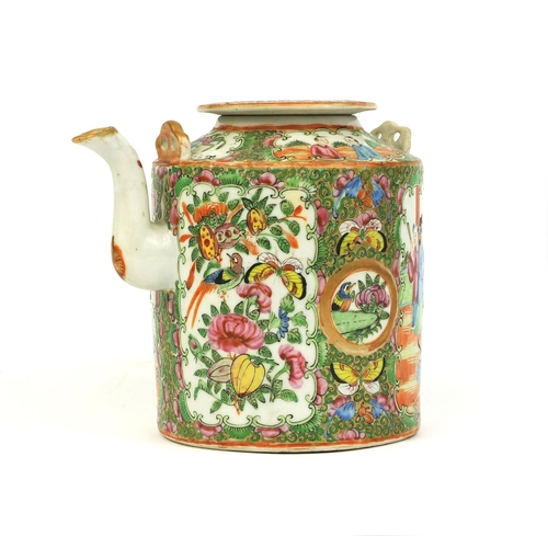 377 - Chinese Cantonese porcelain teapot of cylindrical form, hand painted in the famille rose palette wit... 