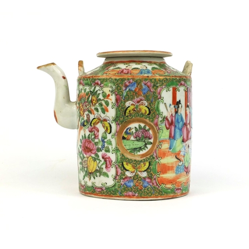 377 - Chinese Cantonese porcelain teapot of cylindrical form, hand painted in the famille rose palette wit... 