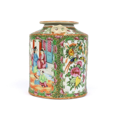 377 - Chinese Cantonese porcelain teapot of cylindrical form, hand painted in the famille rose palette wit... 